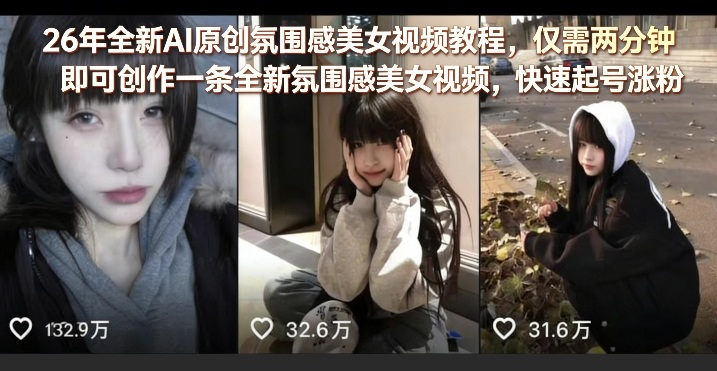26年全新AI原创氛围感美女视频教程，仅需两分钟即可创作一条全新氛围感美女视频，快速起号涨粉-小白项目网