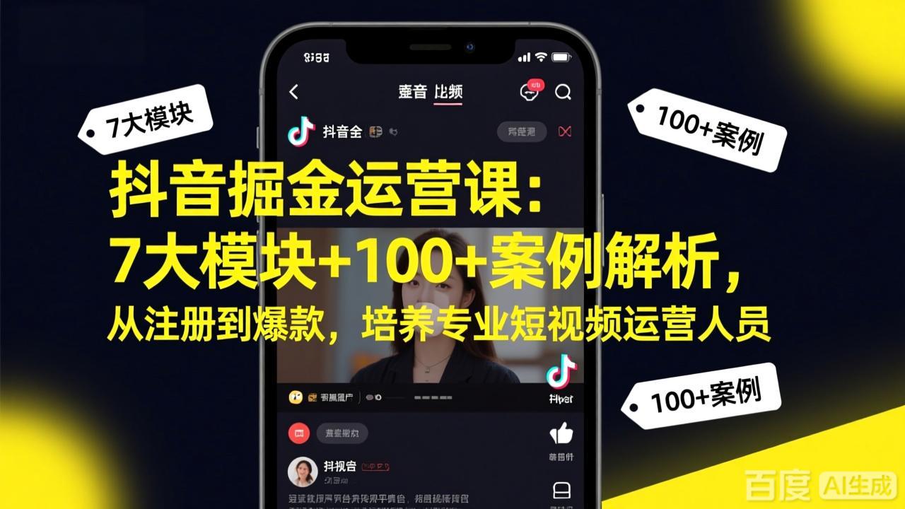 抖音掘金运营课：7大模块+100+案例解析，从注册到爆款，培养专业短视频运营人员-小白项目网