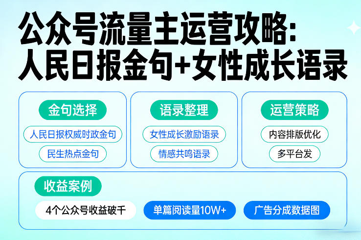 利用人民日报金句+女性成长语录做公众号流量主，4个公众号收益破千-小白项目网