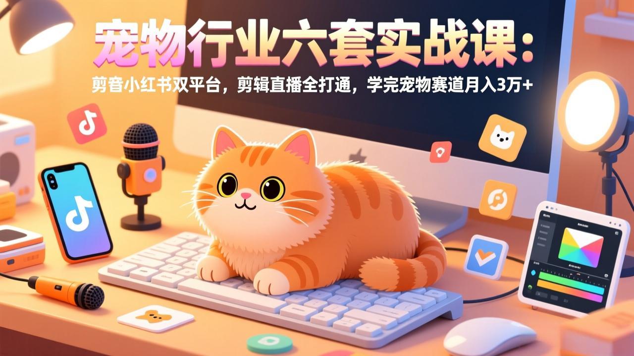 宠物行业六套实战课：抖音小红书双平台，剪辑直播全打通，学完宠物赛道月入3万+-小白项目网