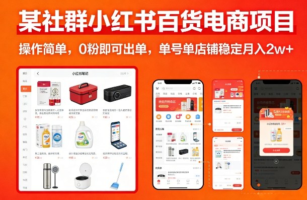 某社群小红书百货电商项目，操作简单，0粉即可出单，单号单店铺稳定月入2w+-小白项目网