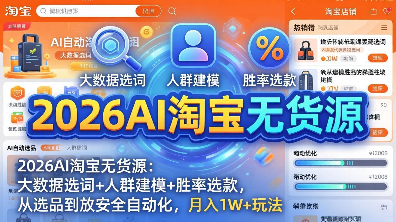 2026AI淘宝无货源：大数据选词+人群建模+胜率选款，从选品到放大全自动化，月入1W+玩法-小白项目网