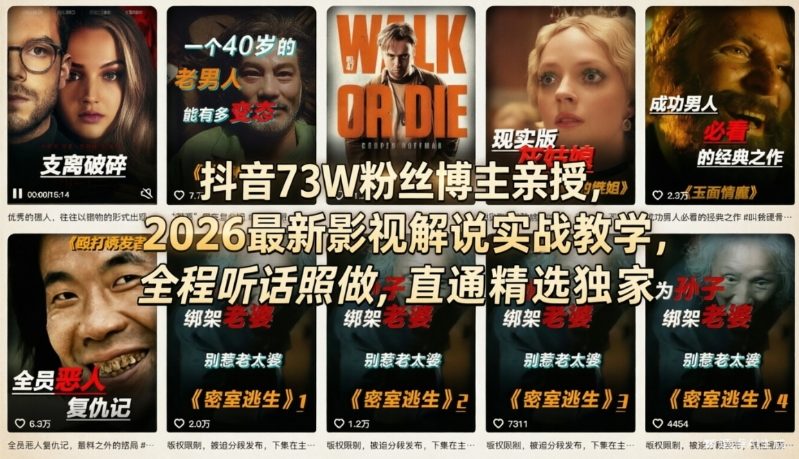 抖音73W粉丝博主亲授，2026最新影视解说实战教学，全程听话照做，直通精选独家-小白项目网