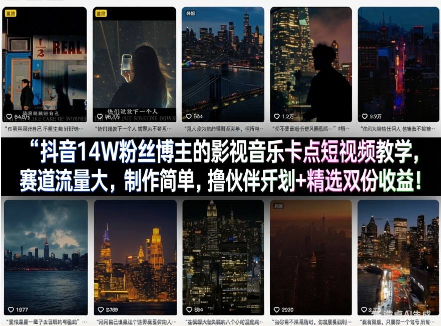 抖音14W粉丝博主的影视音乐卡点短视频教学，赛道流量大，制作简单，撸伙伴计划+精选双份收益！-小白项目网